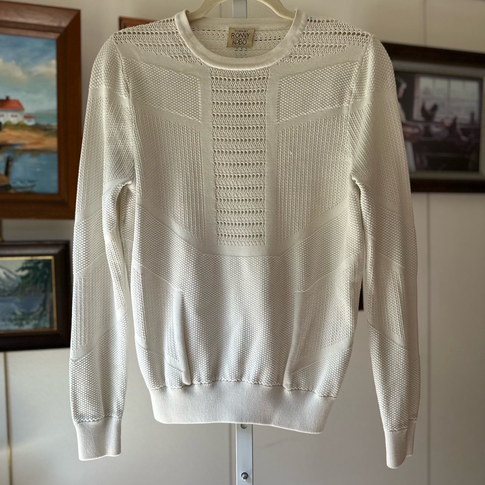 Torn by Ronny Kobo Faige Pointelle Open Knit Sweater Ivory S